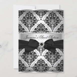Pretty Silver & Black Damask Sweet 16 Invitation
