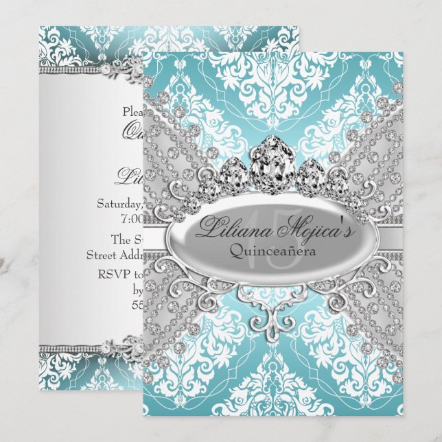 Pretty Silver Blue Damask & Tiara Quinceanera Invitation (Front/Back)