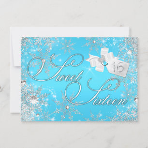 Pretty Silver Blue Snowflake Sweet 16 Invitation