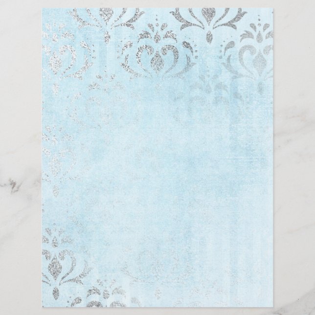 Pretty Silver & Blue Vintage Scrapbook Paper (Front)