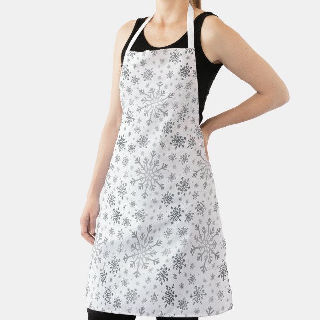 Pretty Silver Christmas Snowflakes on Winter White Apron (Insitu)