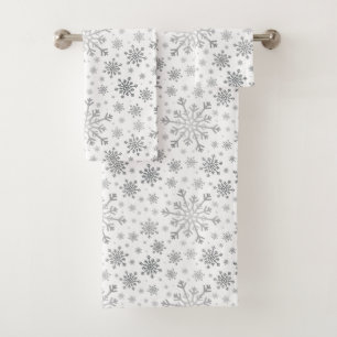 Pretty Silver Christmas Snowflakes on Winter White Bath Towel Set