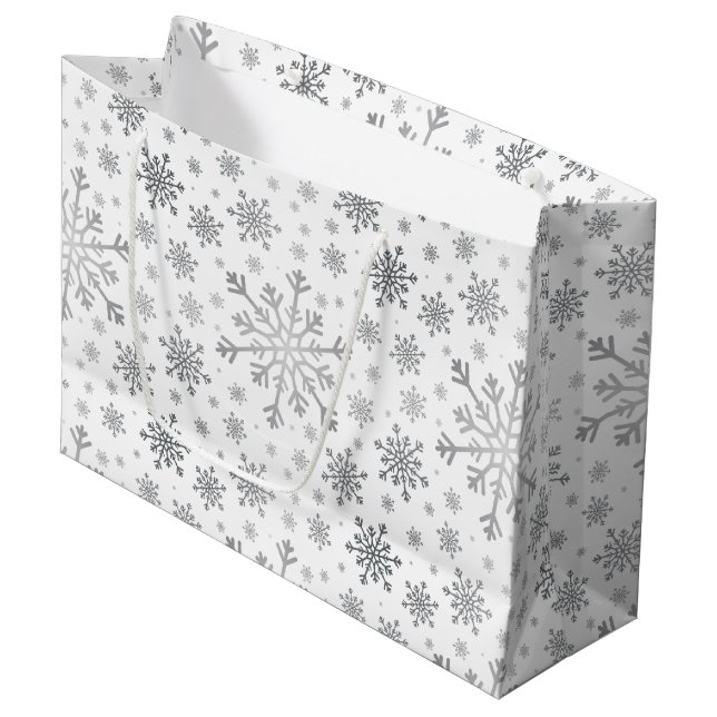 Pretty Silver Christmas Snowflakes on Winter White Large Gift Bag (Front Angled)