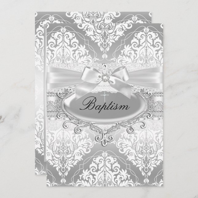 Pretty Silver Damask Bow Baptism Invitation (Front/Back)
