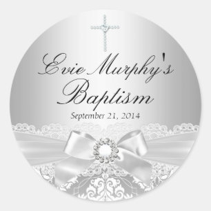 Pretty Silver Damask & Bow Baptism Sticker