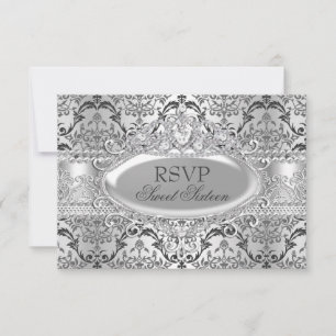 Pretty Silver Damask Sweet 16 RSVP Invitation