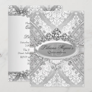 Pretty Silver Damask Tiara Quinceanera Invitation