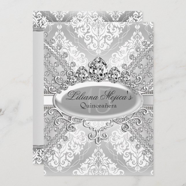 Pretty Silver Damask Tiara Quinceanera Invitation (Front/Back)