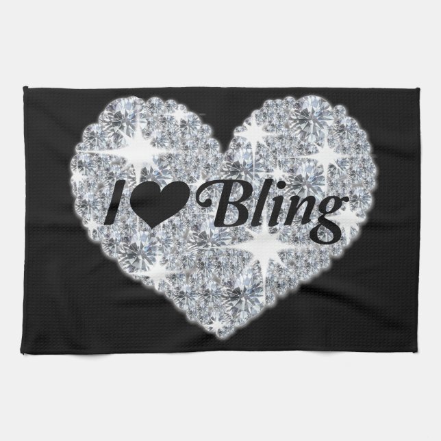 Pretty silver diamond heart I love bling  Tea Towel (Horizontal)