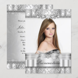 Pretty Silver Floral Photo Quinceanera Invitation