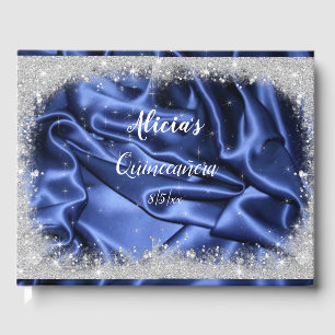 Pretty Silver Glitter and Blue Satin Quinceanera Guest Book