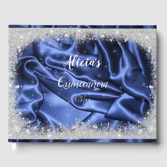 Pretty Silver Glitter and  Blue Satin Quinceanera  Guest Book (Front)