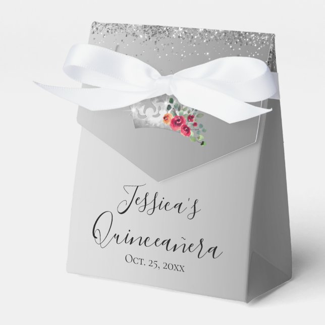 Pretty Silver Glitter Quinceanera Favour Box (Front Side)