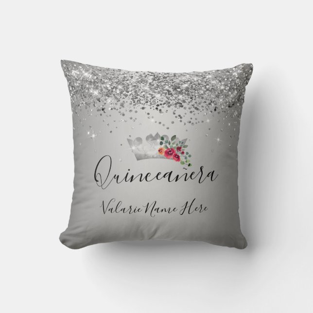 Pretty Silver Glitter Quinceañera Throw Pillow (Front)