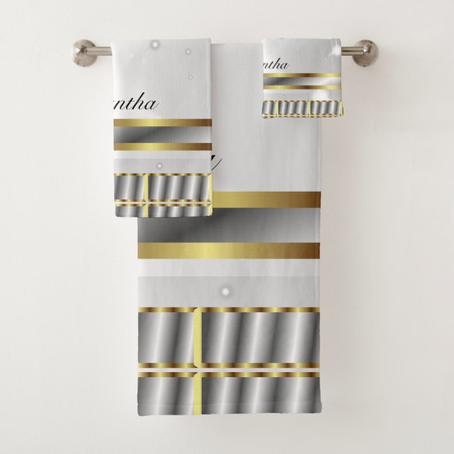 Pretty Silver Grey And Gold Script Bath Towel Set (Insitu)
