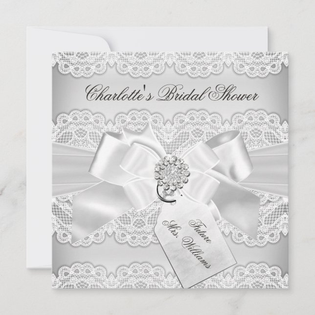 Pretty Silver Lace & Bow Bridal Shower Invitation (Front)