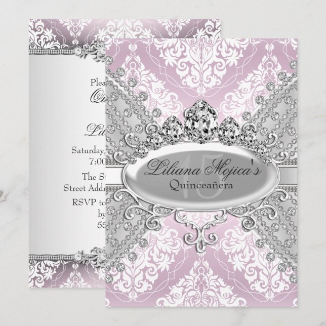 Pretty Silver Pink Damask & Tiara Quinceanera Invitation (Front/Back)