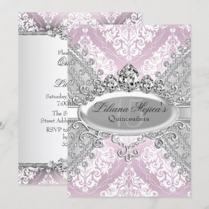 Pretty Silver Pink Damask & Tiara Quinceanera Invitation
