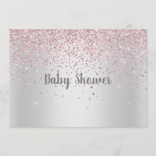 PRETTY SILVER PINK MODERN BABY SHOWER CRYSTAL INVITATION