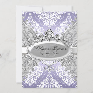 Pretty Silver Purple Damask & Tiara Quinceanera Invitation