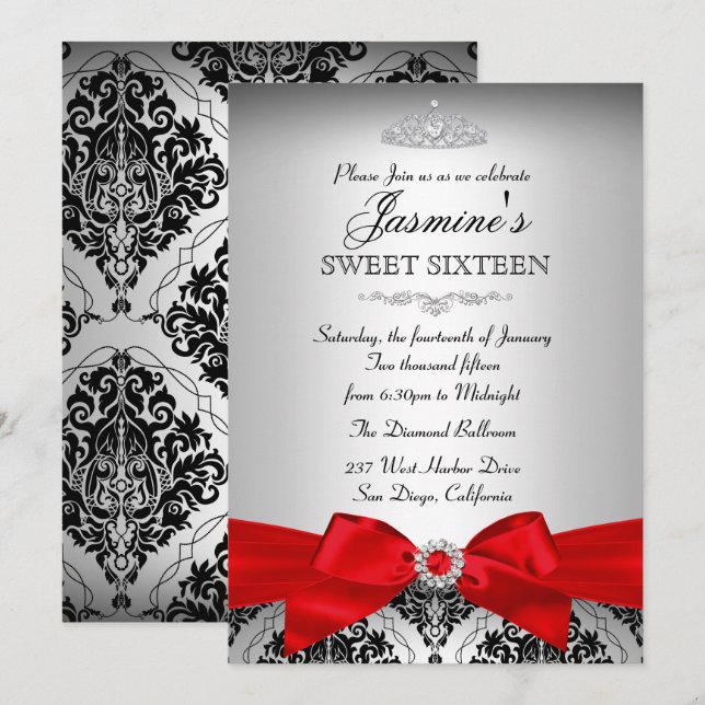 Pretty Silver Red Damask Sweet 16 Invitation (Front/Back)