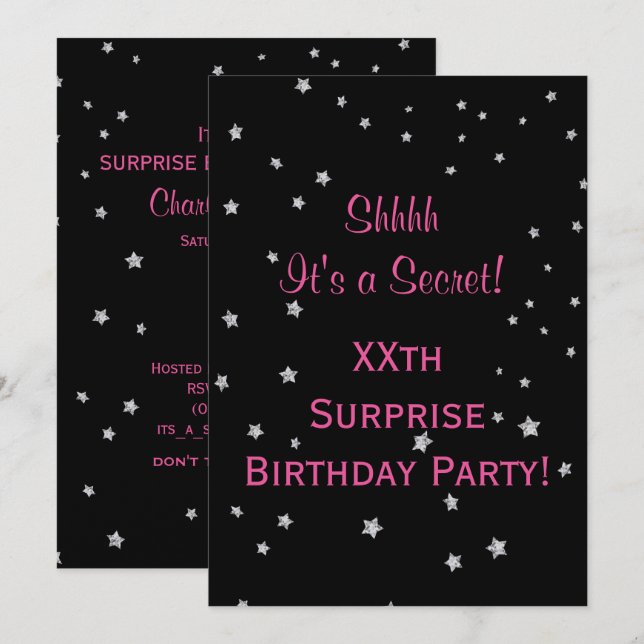 Pretty Silver Stars Surprise Birthday Invitation (Front/Back)