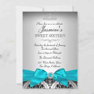 Pretty Silver & Teal Damask Sweet 16 Invitation