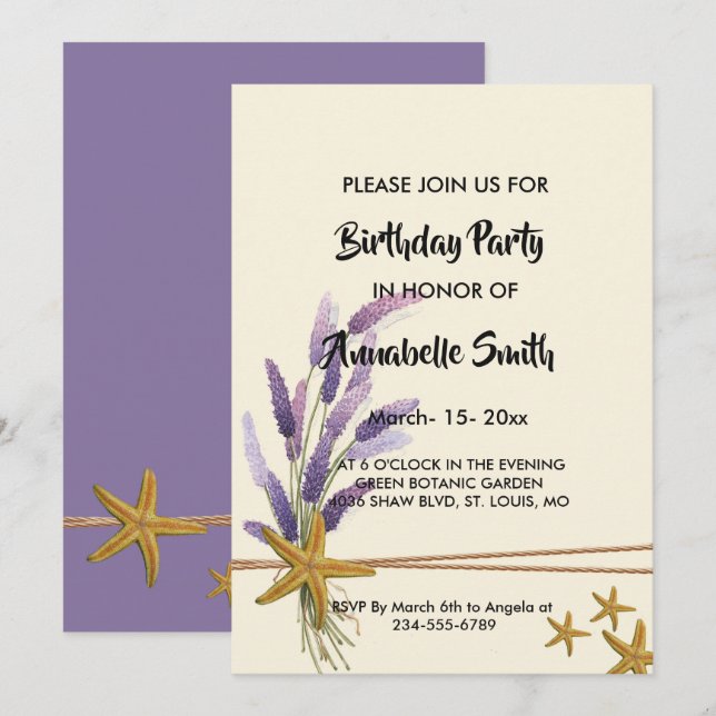 pretty Simple starfish  Birthday Invitation (Front/Back)
