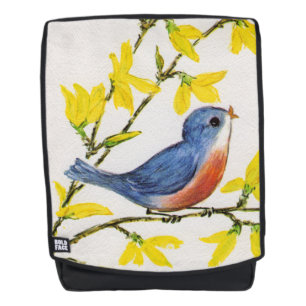 Pretty Singing Blue Red Bird on Branch Flowers Backpack