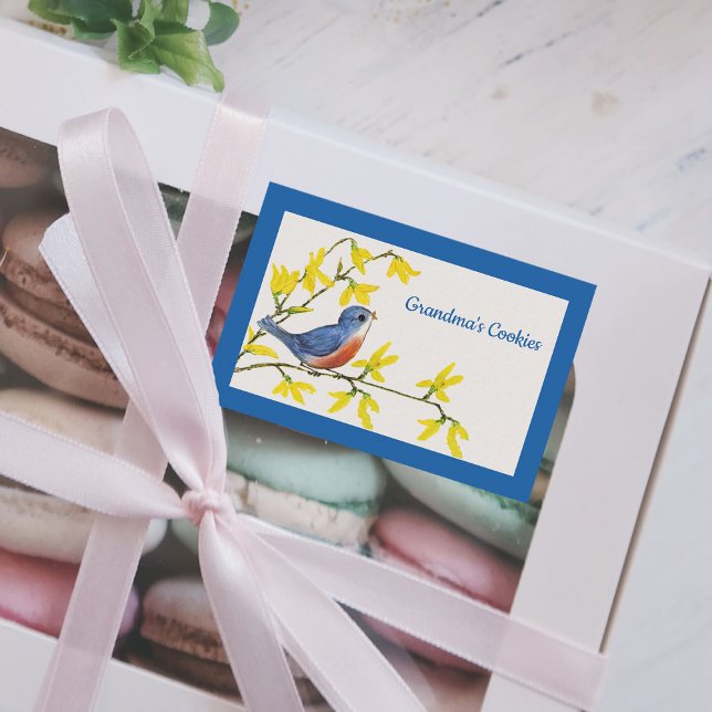 Pretty Singing Red and Blue Bird on Branch Flowers Food Label (Cute singing blue red bird on branch with bright yellow flowers blue border food container label.)