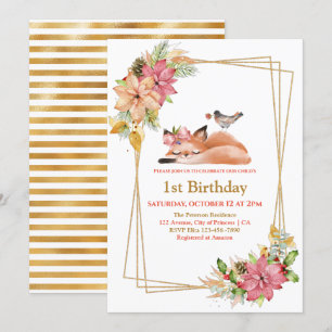 Pretty Sleepy Fox Gold Glitter Girl 1st Birthday  Invitation