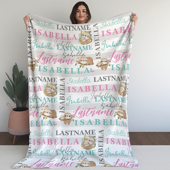 Pretty Sloth Blanket With Name with Stripes (Pretty Sloth Blanket With Name with Stripes)