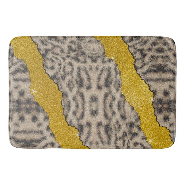 Pretty Snow Leopard Leather Animal Print & Glitter Bath Mat (Front)