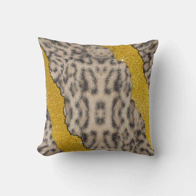 Pretty Snow Leopard Leather Animal Print & Glitter Cushion (Front)