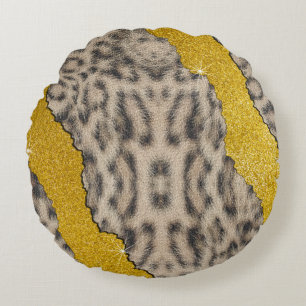 Pretty Snow Leopard Leather Animal Print & Glitter Round Cushion