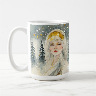 Pretty snow queen Christmas mug in a snowy forest.