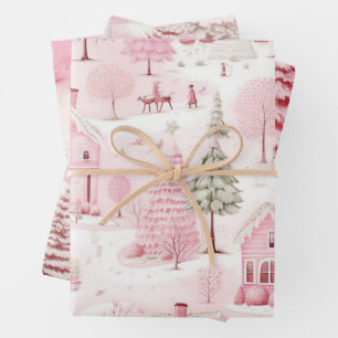 Pretty Snow Scene Pink Christmas Town Wrapping Paper Sheet