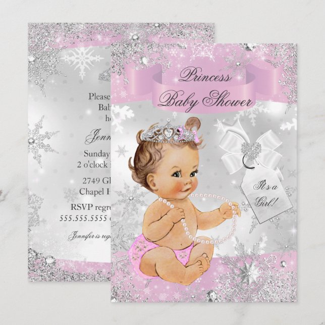 Pretty Snowflake Princess Pink Baby Shower Invite (Front/Back)