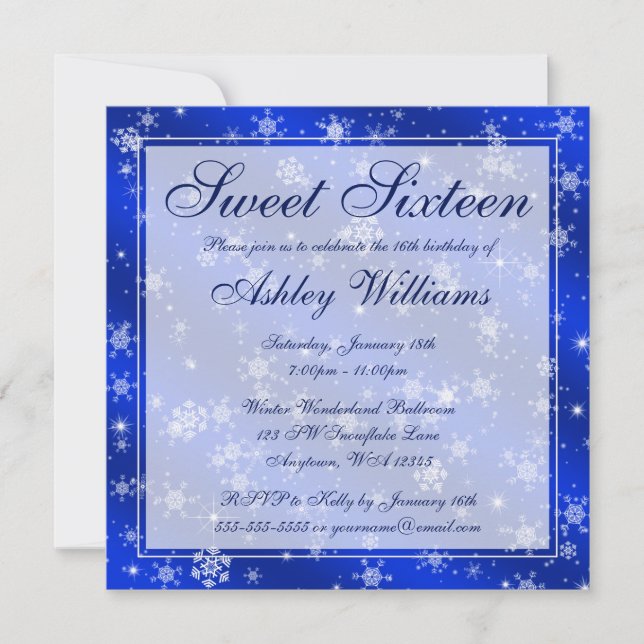Pretty Snowflakes Blue Winter Wonderland Sweet 16 Invitation (Front)