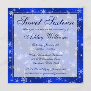 Pretty Snowflakes Blue Winter Wonderland Sweet 16 Invitation