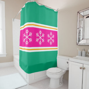 Pretty Snowflakes Bright Pink Green Blue Stripes Shower Curtain