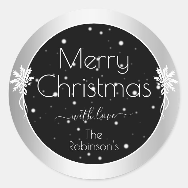 Pretty Snowflakes on Black Silver Frame Christmas Classic Round Sticker (Front)