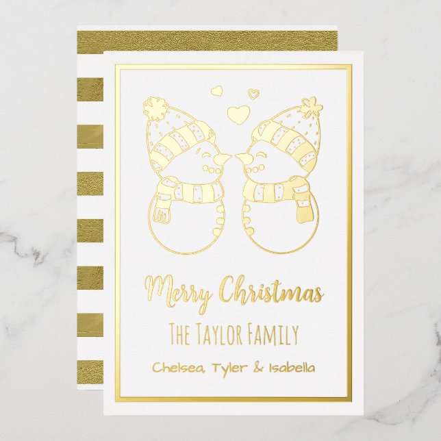 Pretty Snowmen Couple Elegant Personalised Foil Holiday Card (Front/Back)