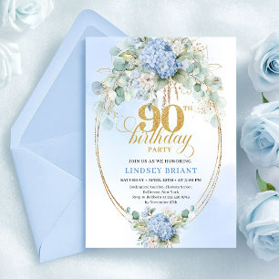 Pretty Soft Blue Hydrangea Gold 90th Birthday Card