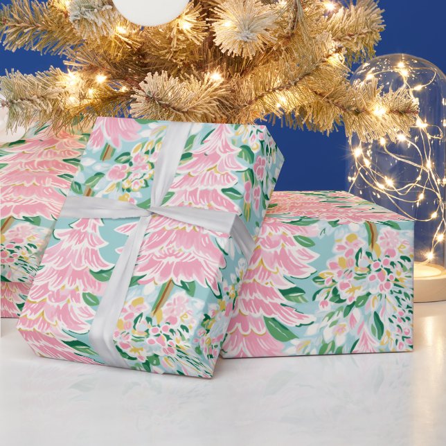 Pretty Soft Pastel Pink & Teal Pine Trees Holiday  Wrapping Paper (Holidays)