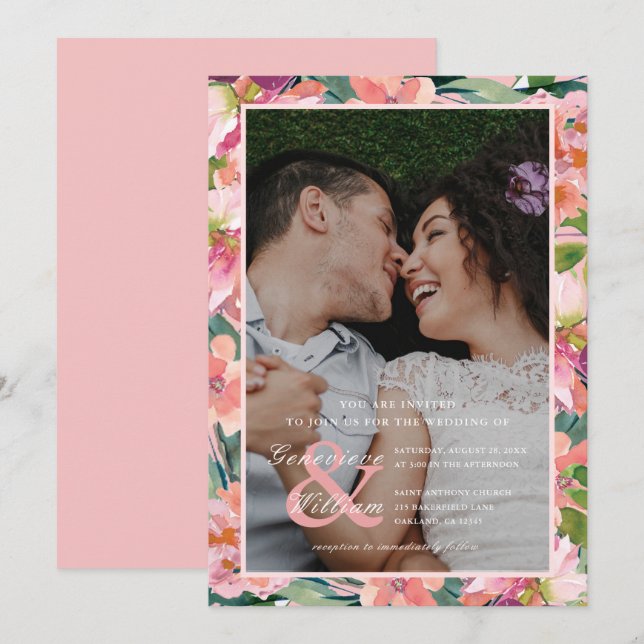 Pretty Soft Pink Watercolor Floral Wedding Photo Invitation (Front/Back)