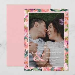 Pretty Soft Pink Watercolor Floral Wedding Photo Invitation