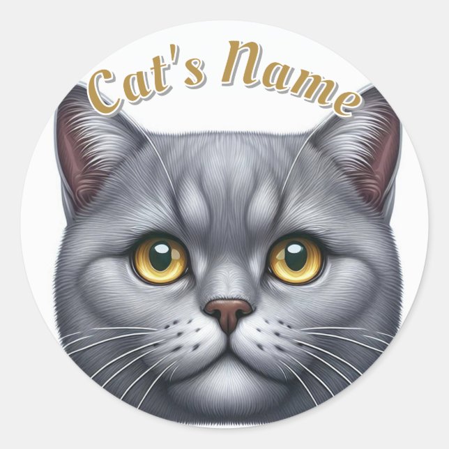 Pretty Solid Grey Cat • Personalised Classic Round Sticker (Front)