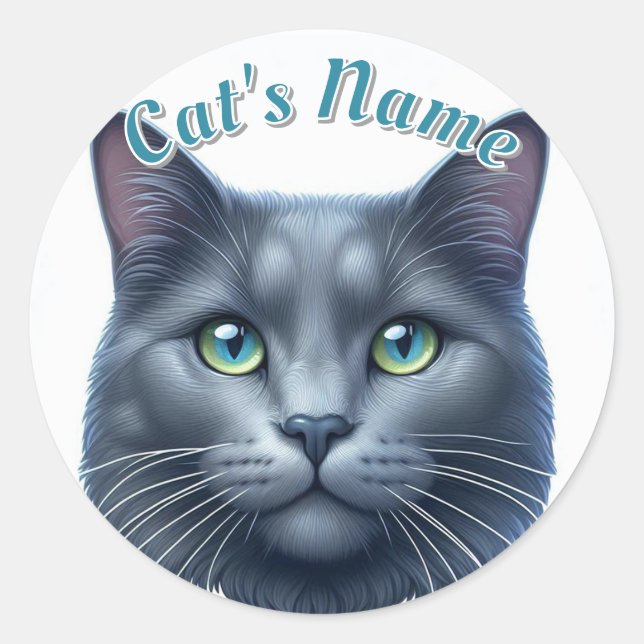 Pretty Solid Grey Longhaired Cat • Personalised Classic Round Sticker (Front)