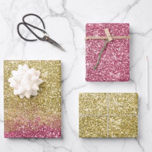 Pretty Sparkle Gold Pink Faux Glitter Wrapping Paper Sheet